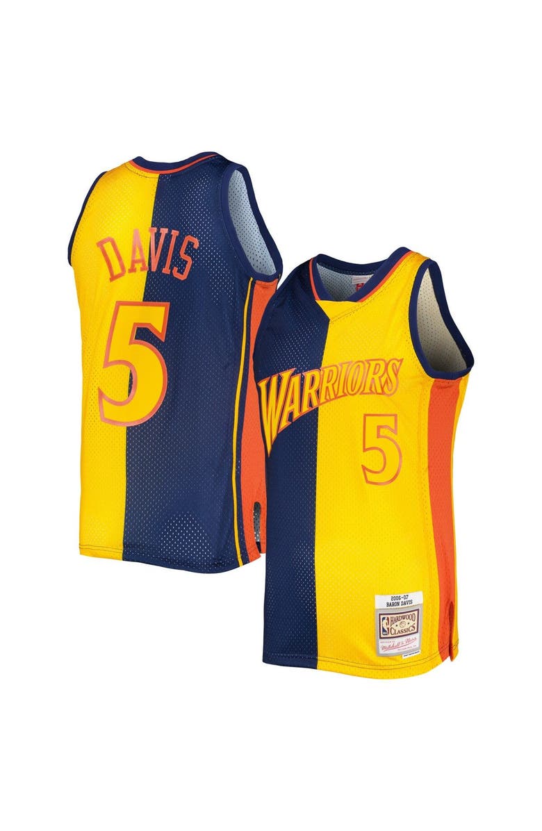 Mitchell & Ness Men's Mitchell & Ness Baron Davis Navy/Gold Golden State Warriors Hardwood Classics 2006/07 Split Swingman Jersey, Main, color,