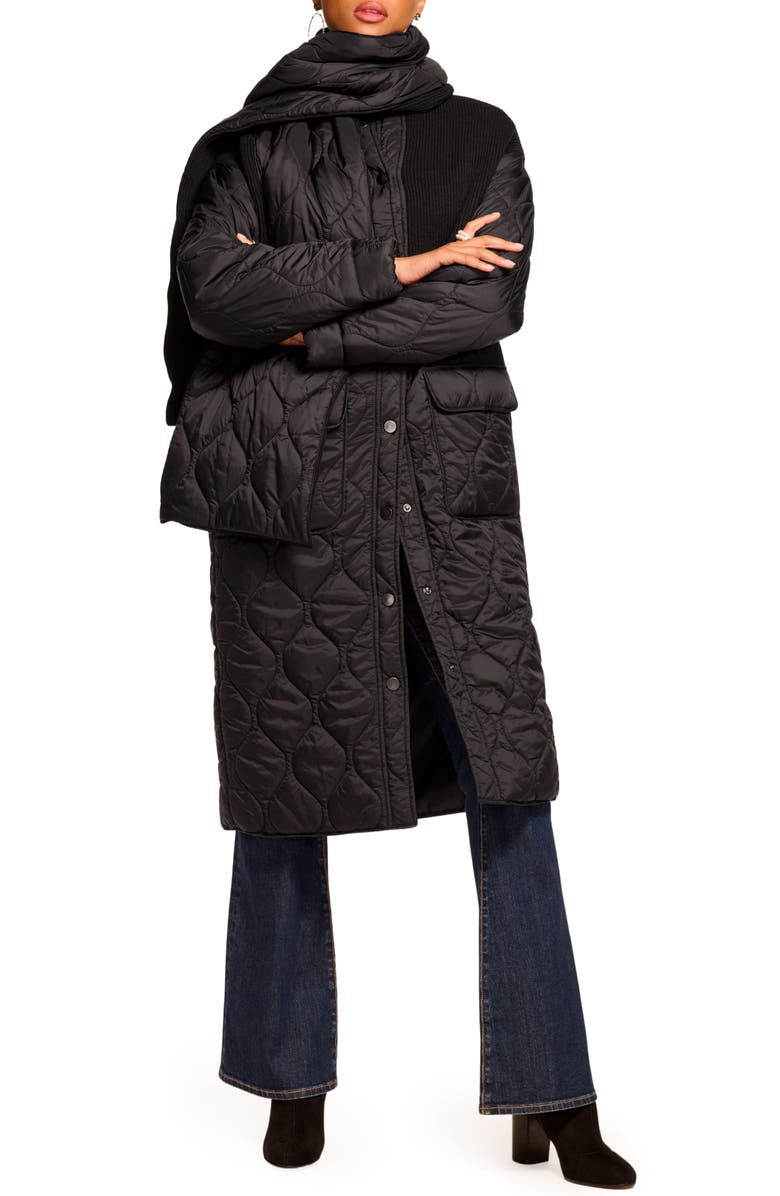 Ramy Brook Melanie Quilted Mixed Media Coat with Scarf, Main, color, Black