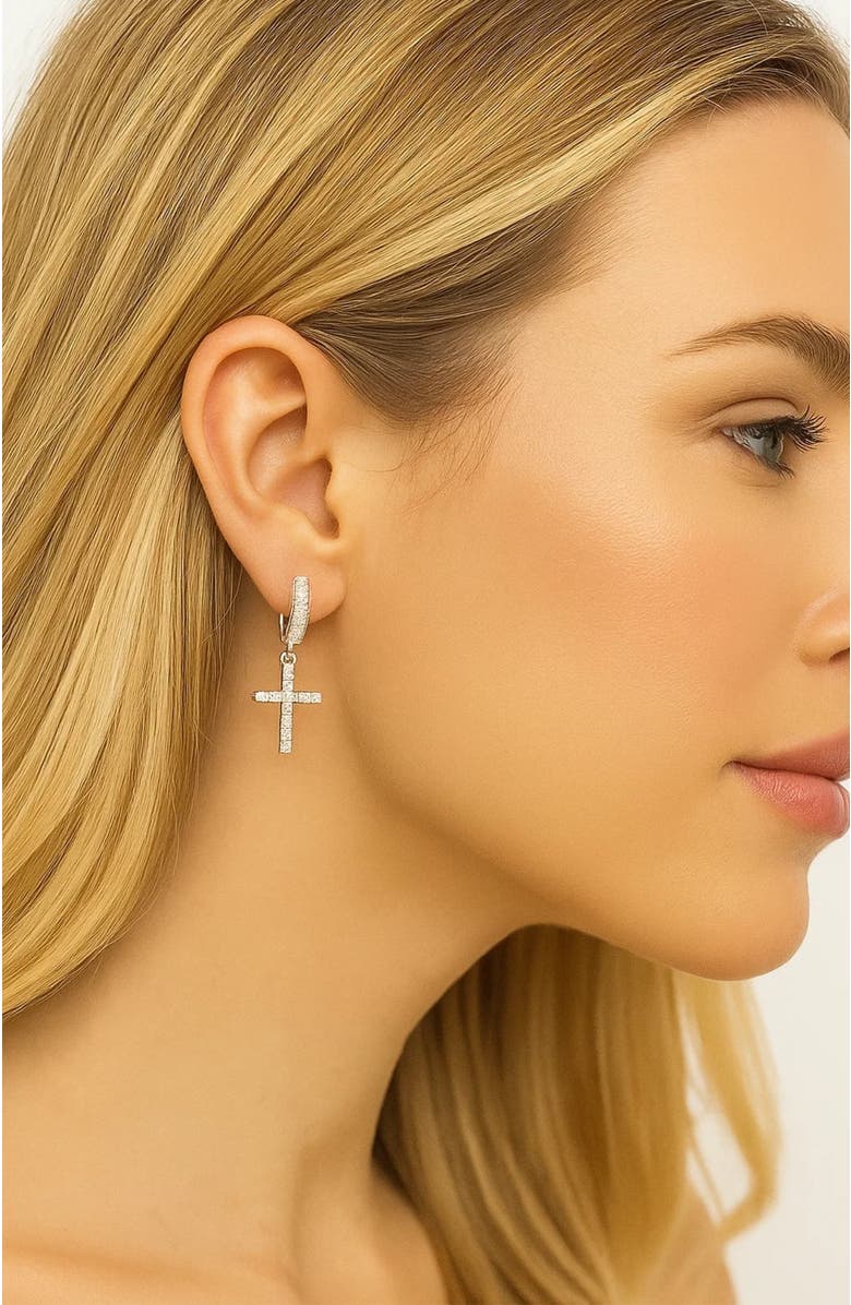 Hollywood Sensation Cross Dangle Earrings with White Diamond Cubic Zirconia, Alternate, color, Silver