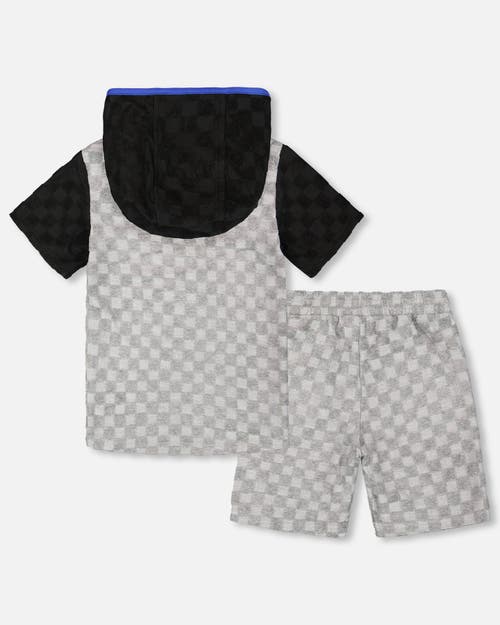 DEUX PAR DEUX DEUX PAR DEUX LITTLE BOY'S PRINTED HOODED TERRY TOP AND SHORTS SET GRAY AND BLACK