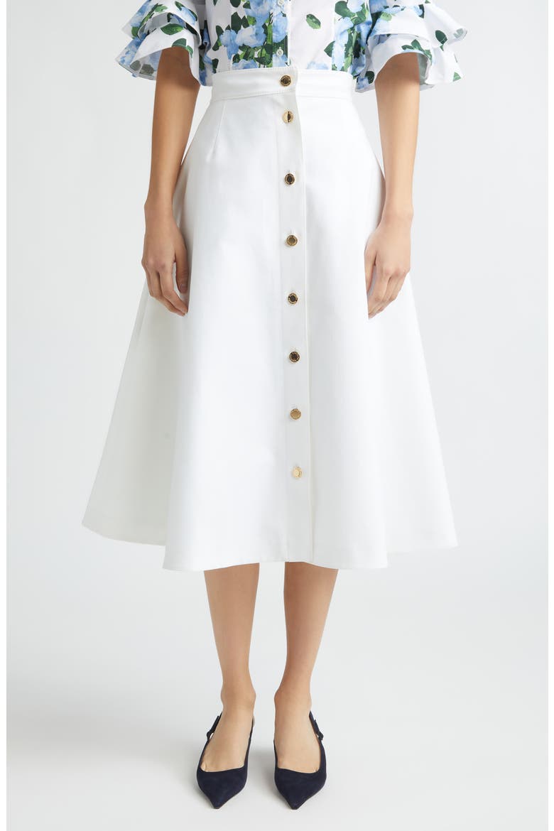Button Front Stretch Cotton Sateen Midi Skirt, Main, color, WHITE