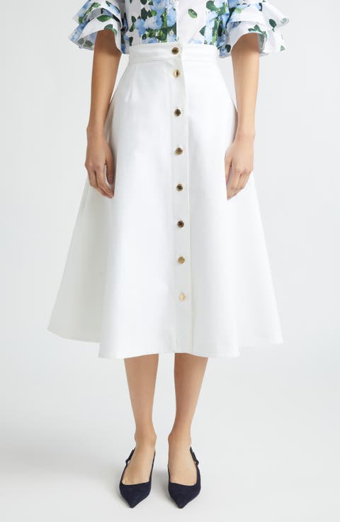 Button Front Stretch Cotton Sateen Midi Skirt