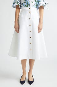 Carolina Herrera Button Front Stretch Cotton Sateen Midi Skirt