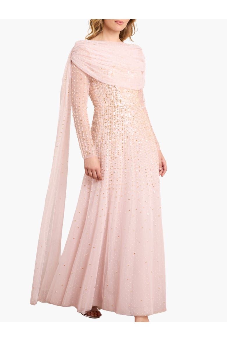 Moonlight Sequin Draped Long Sleeve Gown, Main, color, Shell/Gold