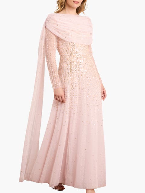 Moonlight Sequin Draped Long Sleeve Gown