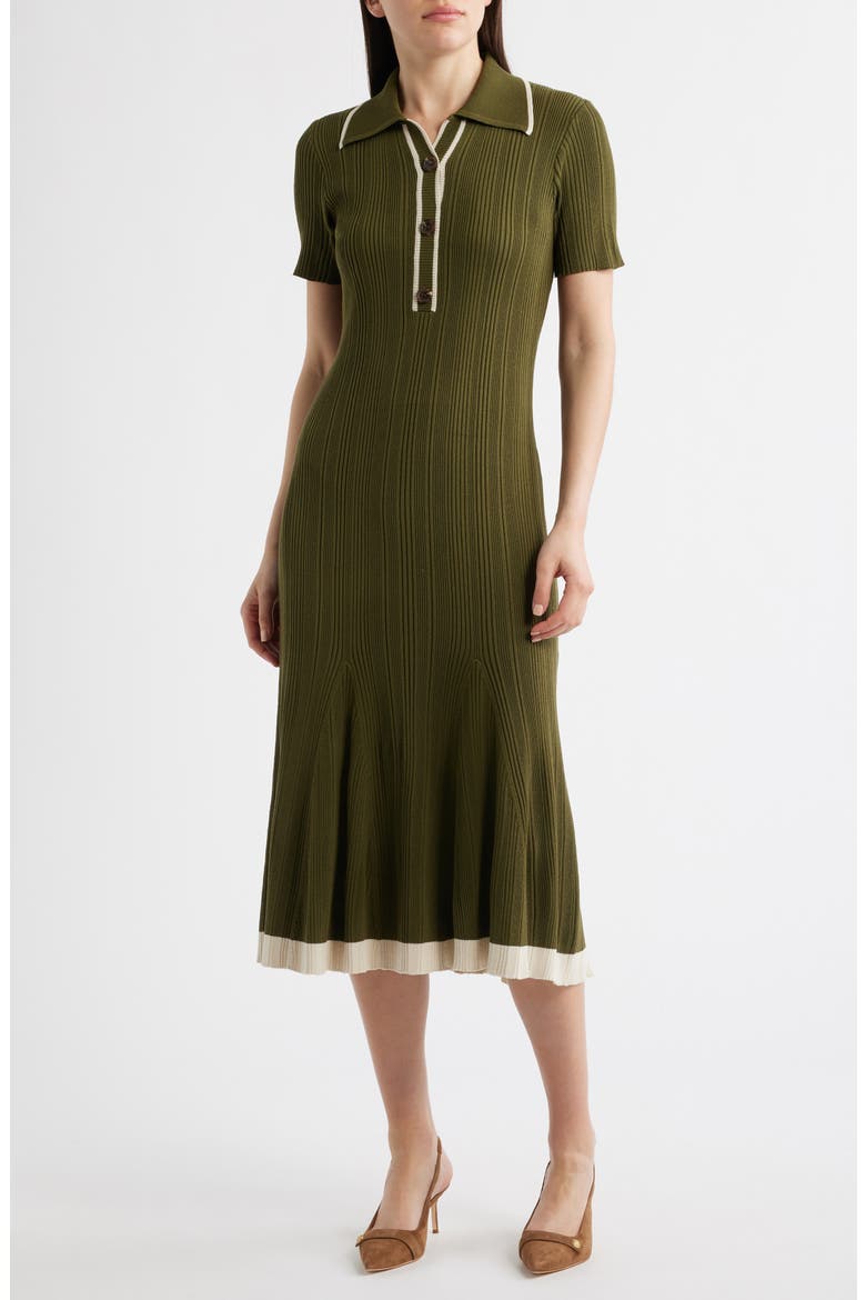 Short Sleeve Rib Polo Sweater Dress, Main, color, LIGHT OLIVE/ IVORY