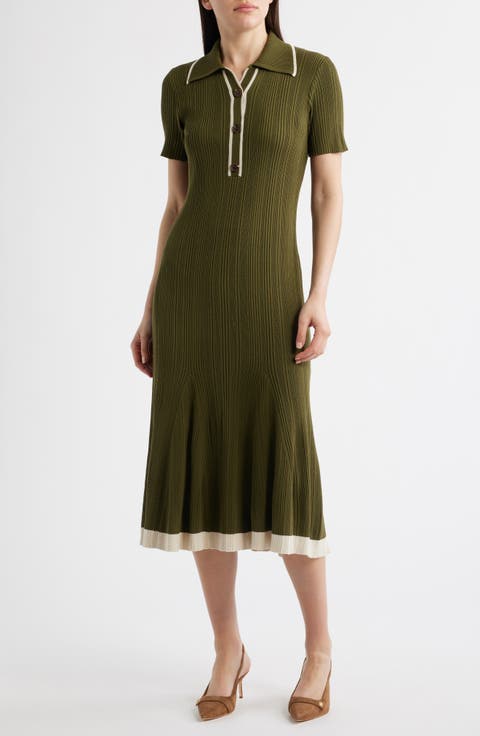 Short Sleeve Rib Polo Sweater Dress