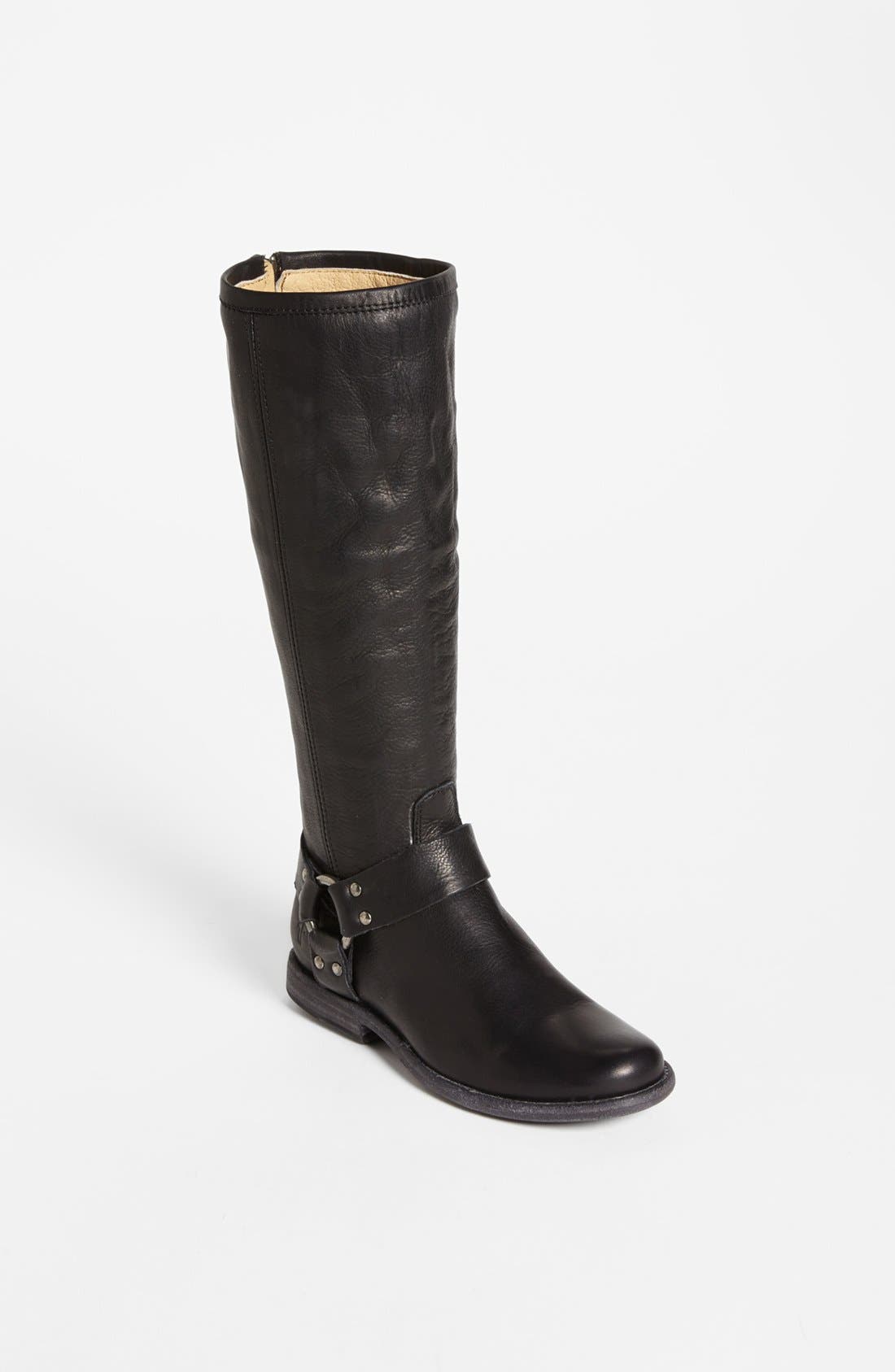 'Phillip Harness' Tall Washed Leather Riding Boot, Main, color, BLACK LEATHER
