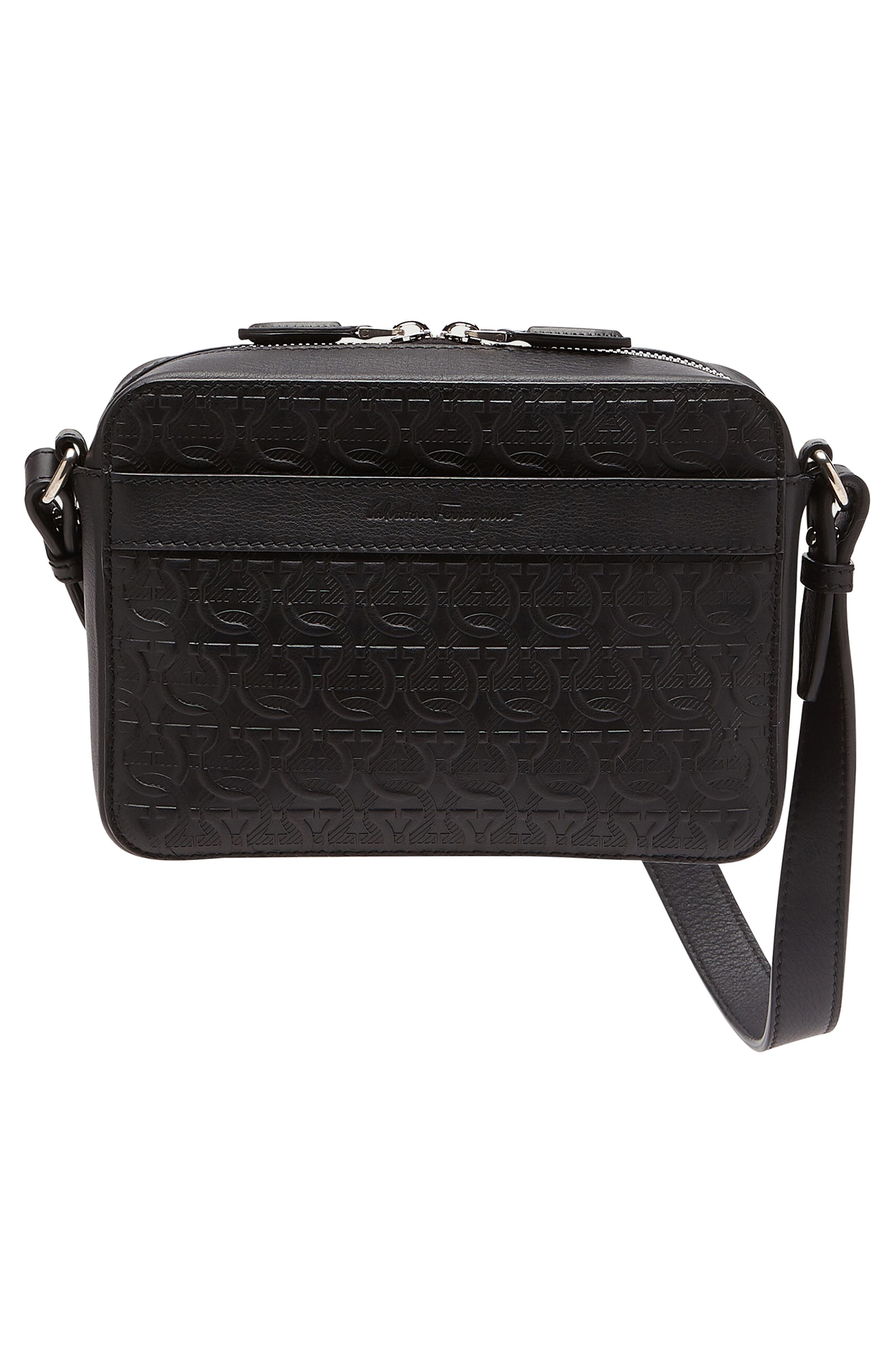 Gancio Embossed Leather Travel Shoulder Bag, Alternate, color, NERO
