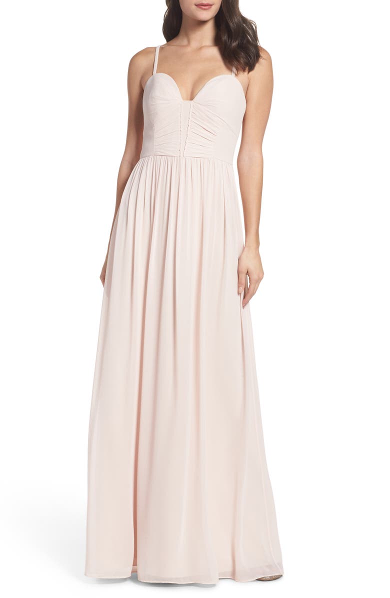 Hayley Paige Occasions Ruffle Detail A-Line Chiffon Gown, Main, color, 