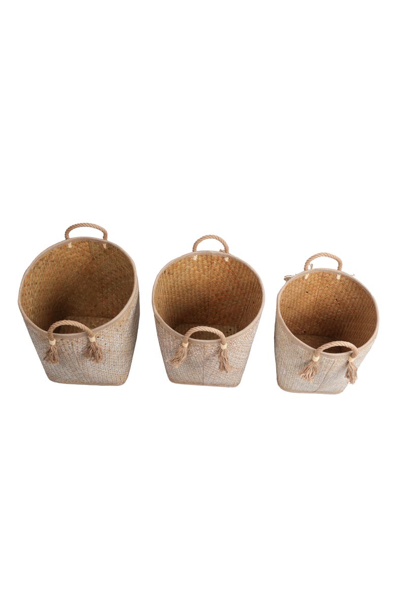 Celia Handwoven Palm Leaf Nesting Storage Baskets with Rope Handles, Alternate, color, Natural/White