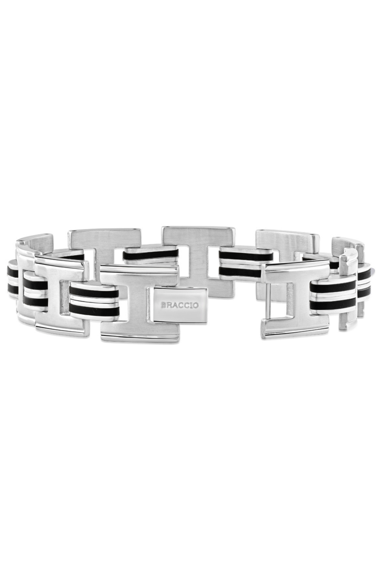 Men's Steel And Black Striped Two Tone 15mm Wide Link Flexible 8" Bracelet, Alternate, color, Stainless Steel