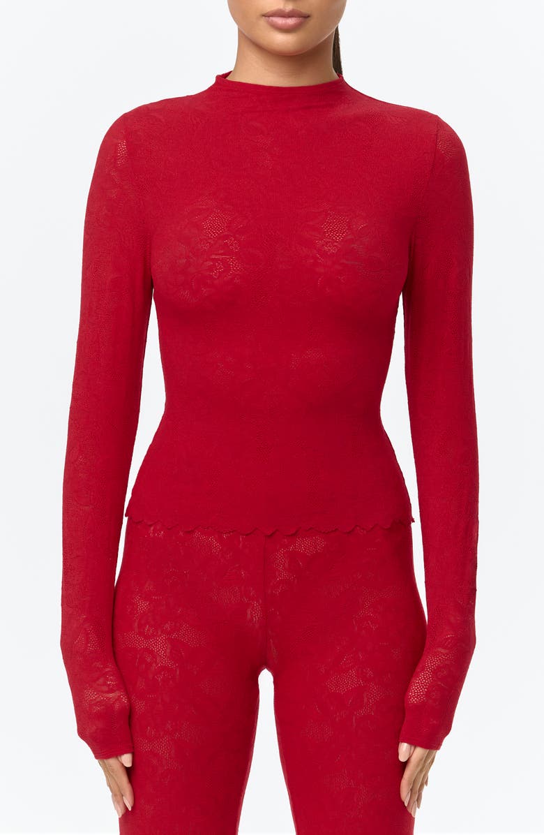 Naked Wardrobe Scalloped Hem Stretch Lace Top, Main, color, Ruby Red