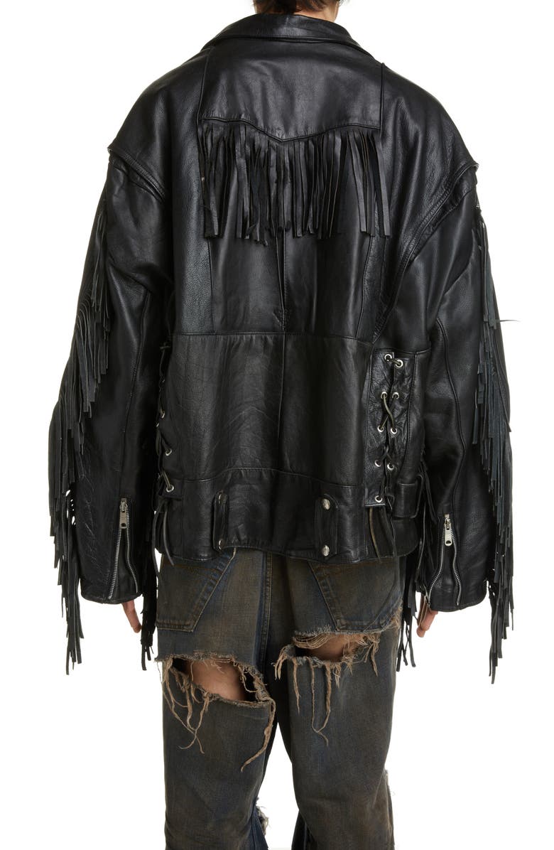 Balenciaga Fringe Detail Leather Biker Jacket, Alternate, color, 