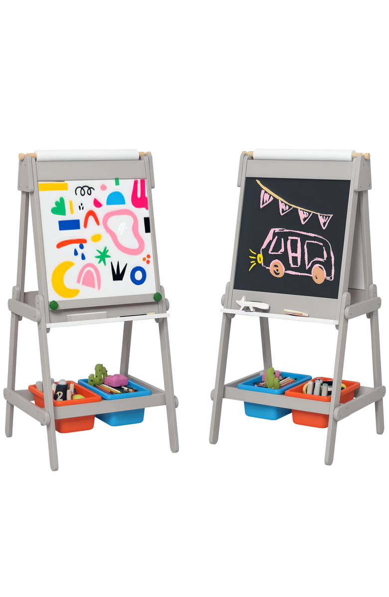 Qaba Kids Art Easel with Paper Roll, Double Sided Boards & Storage, Main, color, Gray