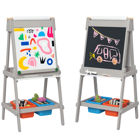 Kids Art Easel with Paper Roll, Double Sided Boards & Storage