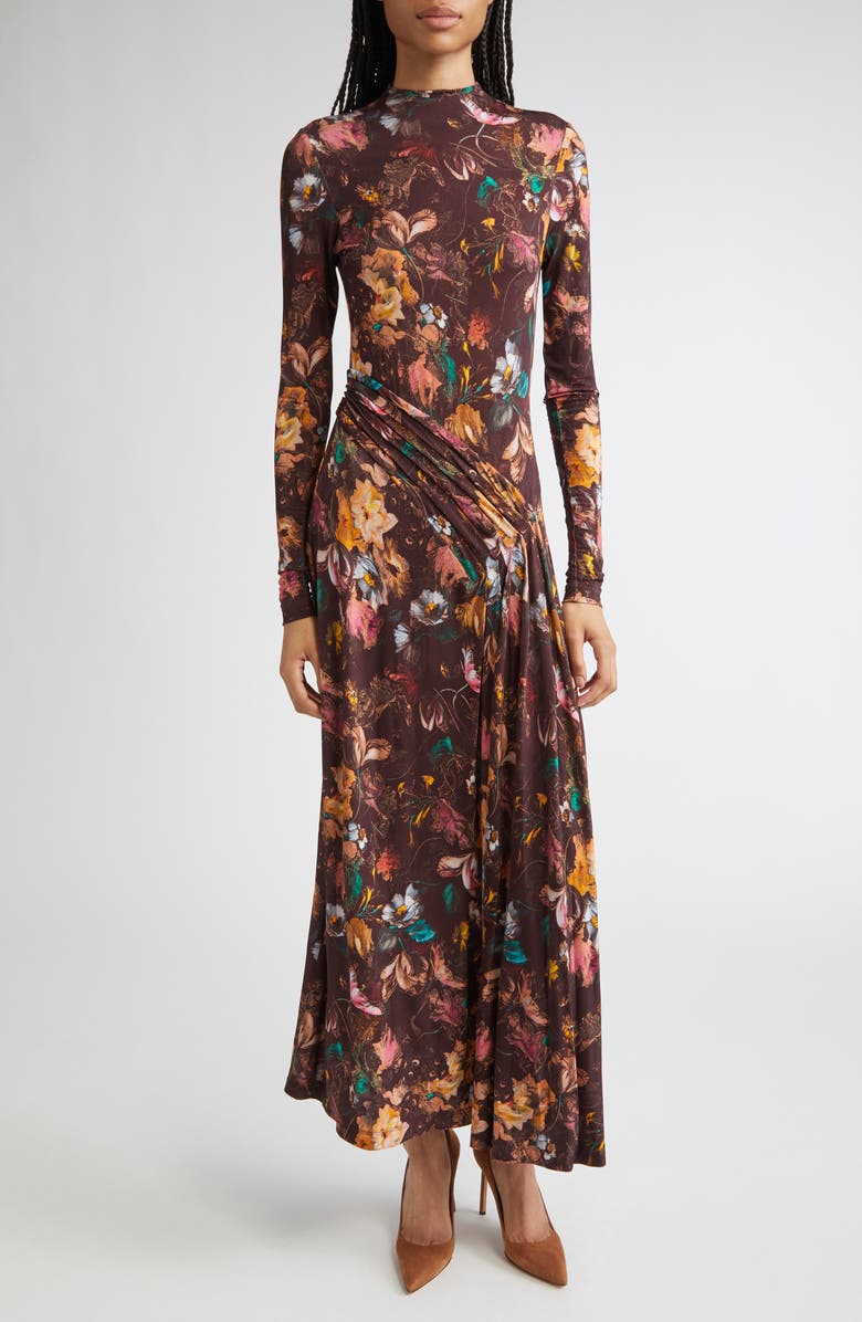 Lela Rose Long Sleeve Floral Draped Front Jersey Maxi Dress, Main, color, Brown Multi