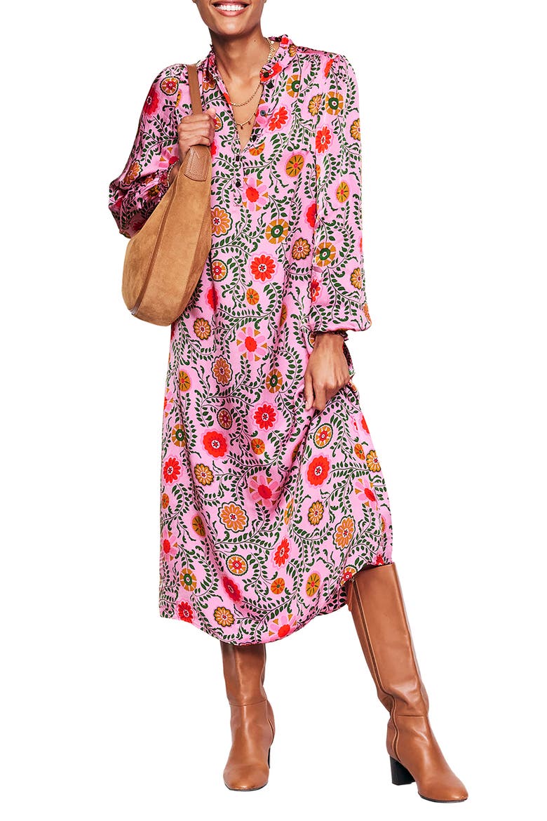 Jasmine Floral Long Sleeve Satin Midi Dress, Main, color, MAUVE MEADOW VINE