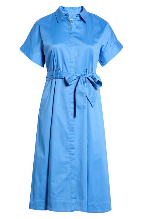Grommet Detail Belted Stretch Cotton Shirtdress (Plus)