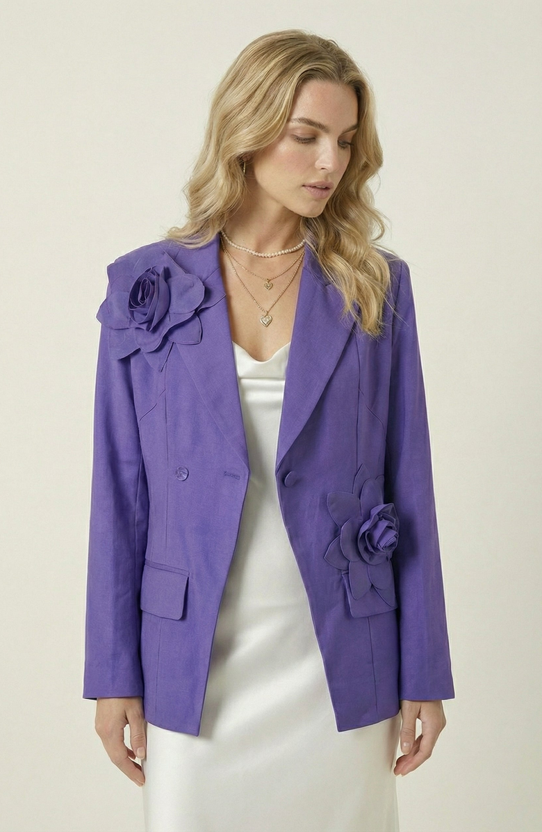 Modenaire 3D Floral Appliqué Tailored Blazer, Main, color, Purple