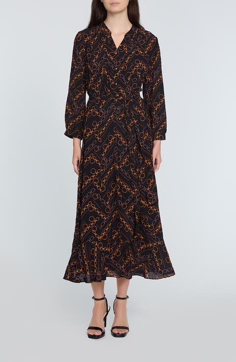 The Mila Chain Print Pleated Long Sleeve Stretch Silk Midi Dress