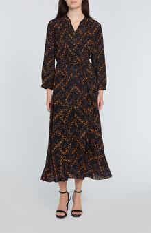 Elie Tahari The Mila Chain Print Pleated Long Sleeve Stretch Silk Midi Dress