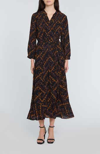 Elie Tahari The Mila Chain Print Pleated Long Sleeve Stretch Silk Midi Dress