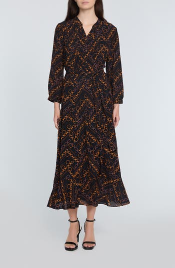 Elie Tahari The Mila Chain Print Pleated Long Sleeve Stretch Silk Midi Dress In Black