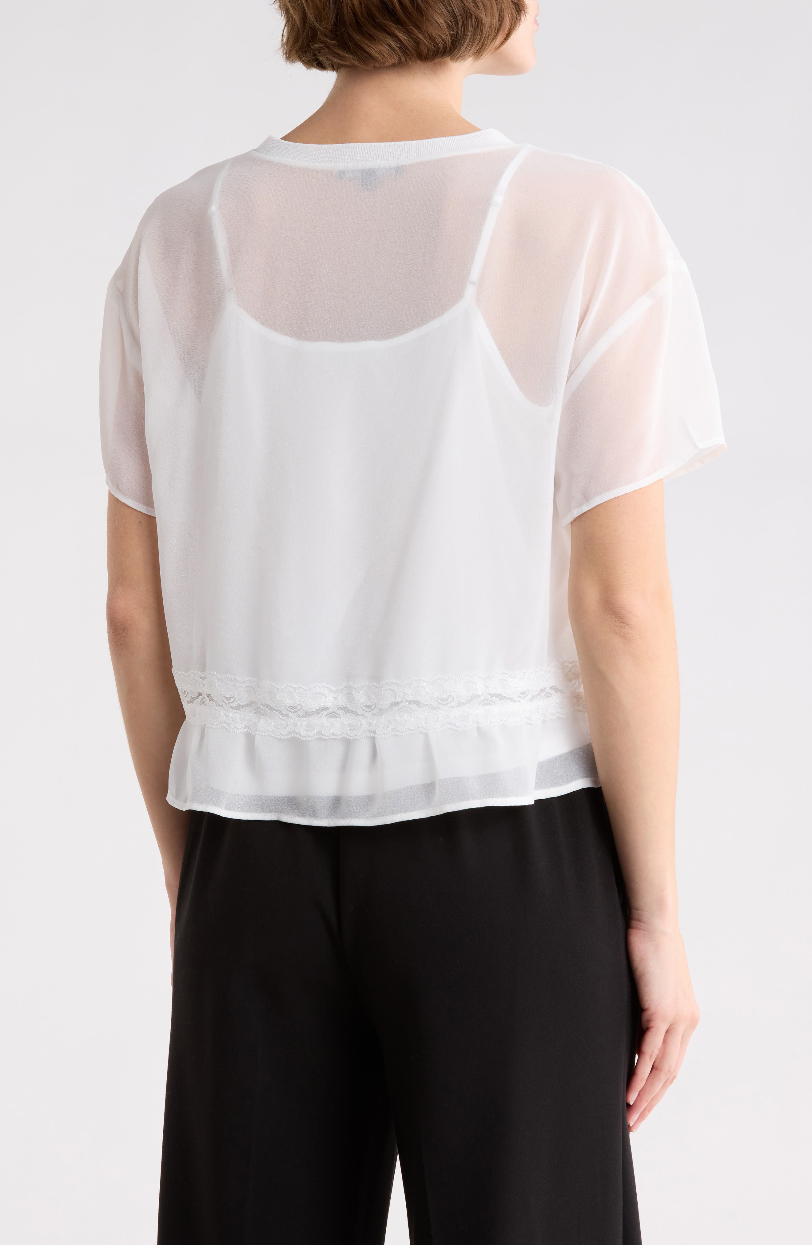 Short Sleeve Pieced Sheer Lace & Chiffon Top - image 4