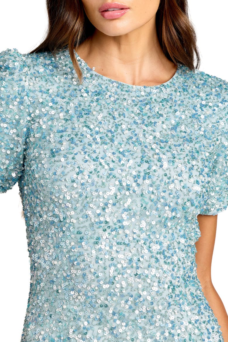 Women's Embellished Mesh High Neck Puff Sleeve Gown, Alternate, color, Powder Blue