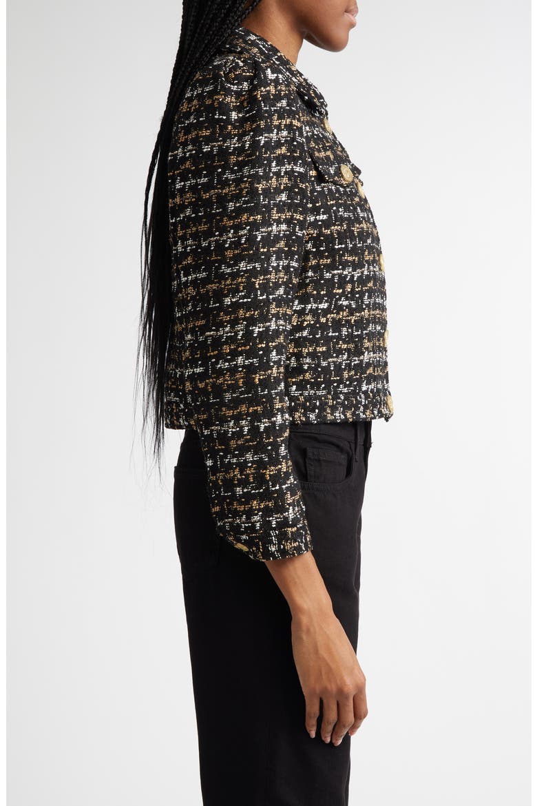 Kasey Metallic Puff Shoulder Bracelet Sleeve Tweed Blazer, Alternate, color, BLACK/ TAN TWEED