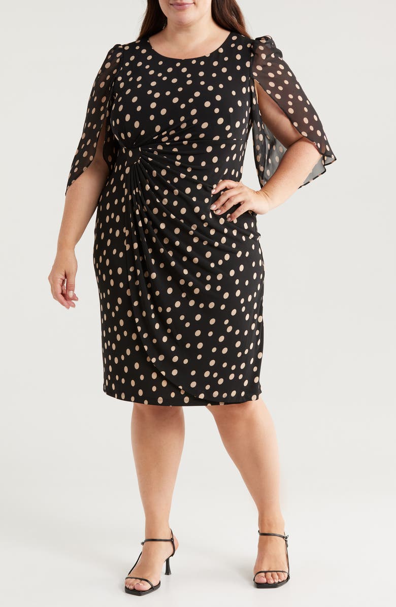 Connected Apparel Polka Dot Chiffon Sleeve Faux Wrap Dress, Main, color,