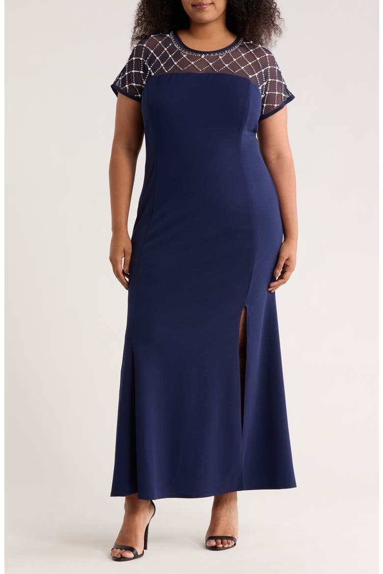 Beaded Sleeve Scuba Crepe Knit Gown, Main, color, NAVY