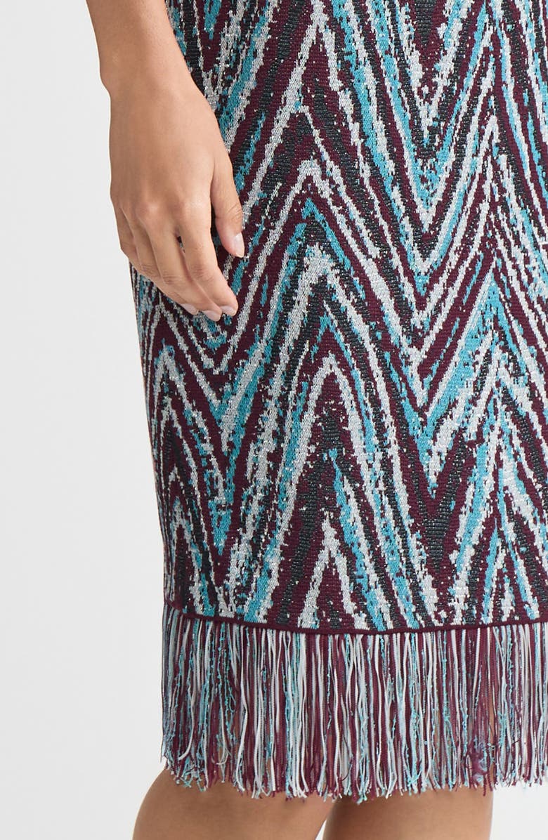 Ming Wang Lurex Fringe Trim Jacquard Knit Sheath Dress, Alternate, color, Midnight Violet/Nebula