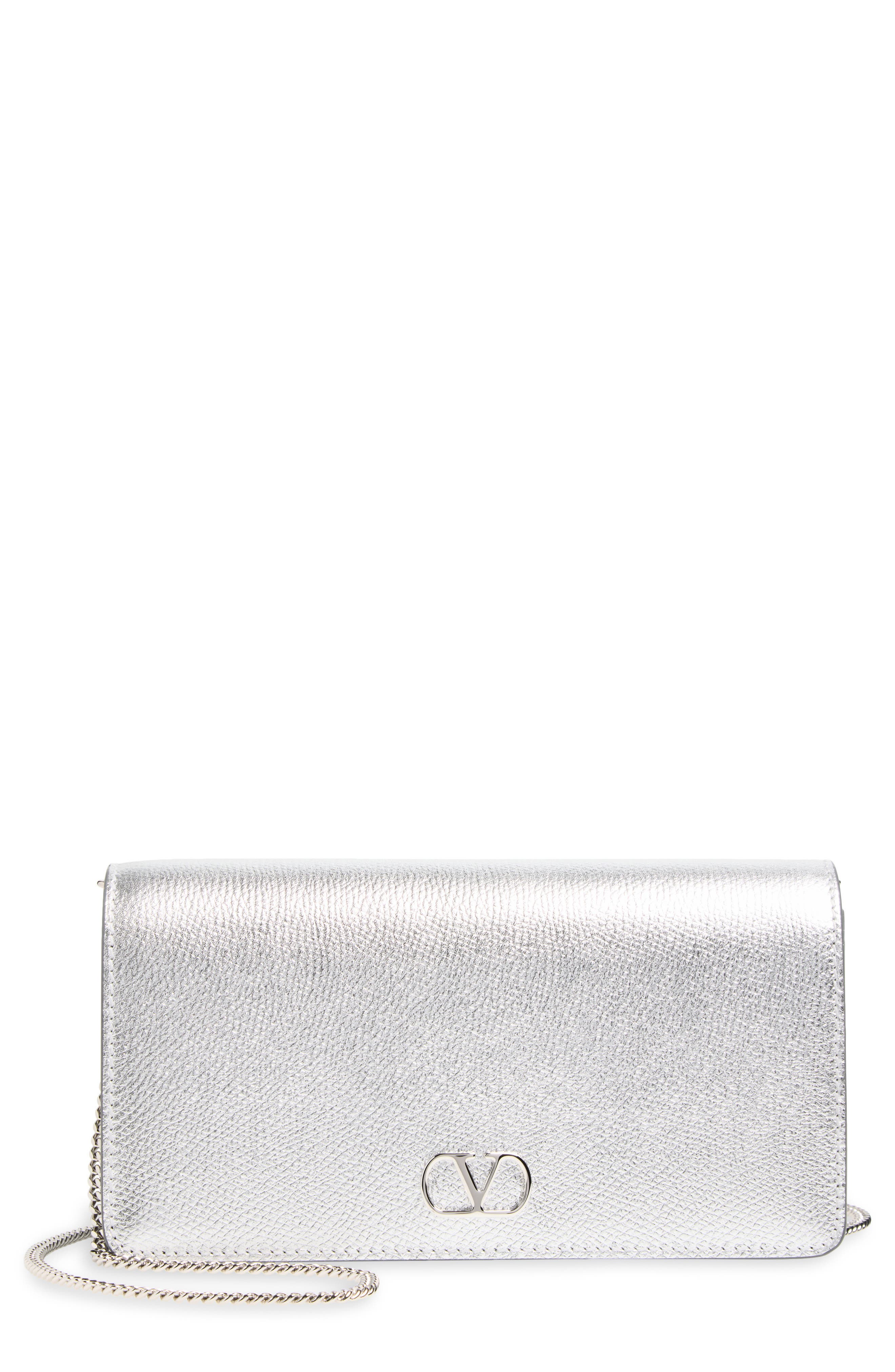 Valentino Garavani Mini VLOGO Metallic Leather Shoulder Bag, Main, color, Silver