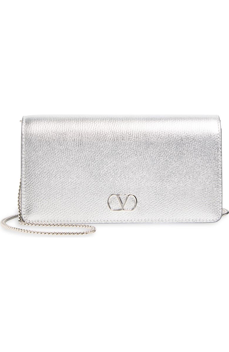 Valentino Garavani Mini VLOGO Metallic Leather Shoulder Bag, Main, color, Silver