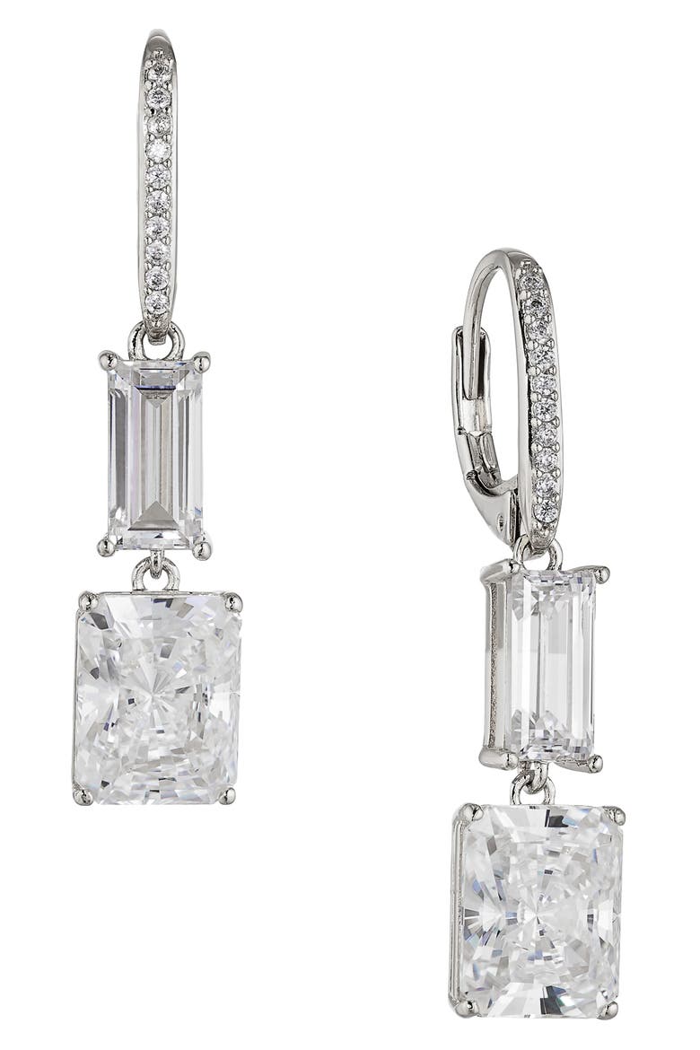Double Drop Cubic Zirconia Earrings, Main, color, RHODIUM