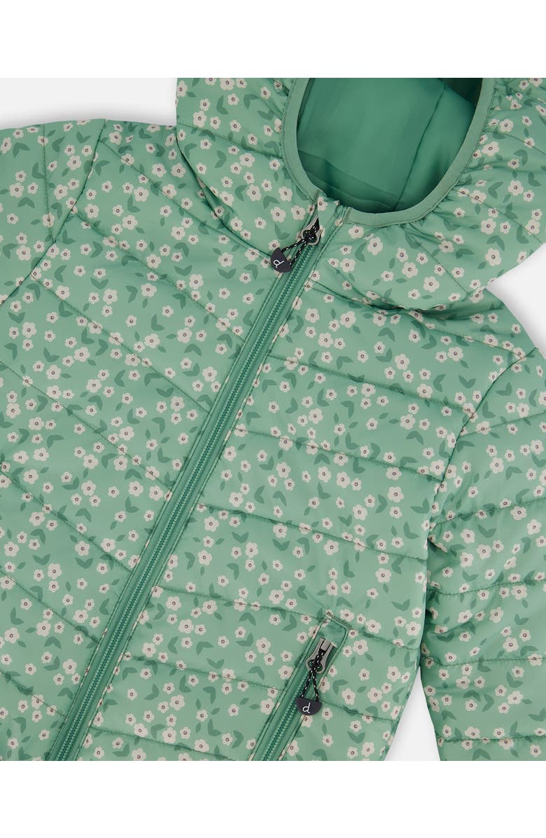 Deux par Deux Girl's Printed Quilted Mid-Season Jacket Small White Flowers On Sage Green Background, Alternate, color, White Flowers On Sage Green