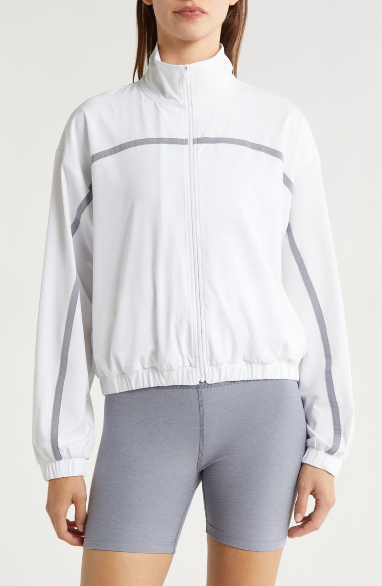 Beyond Yoga Go Retro Track Jacket, Alternate, color, True White/Cloud Gre