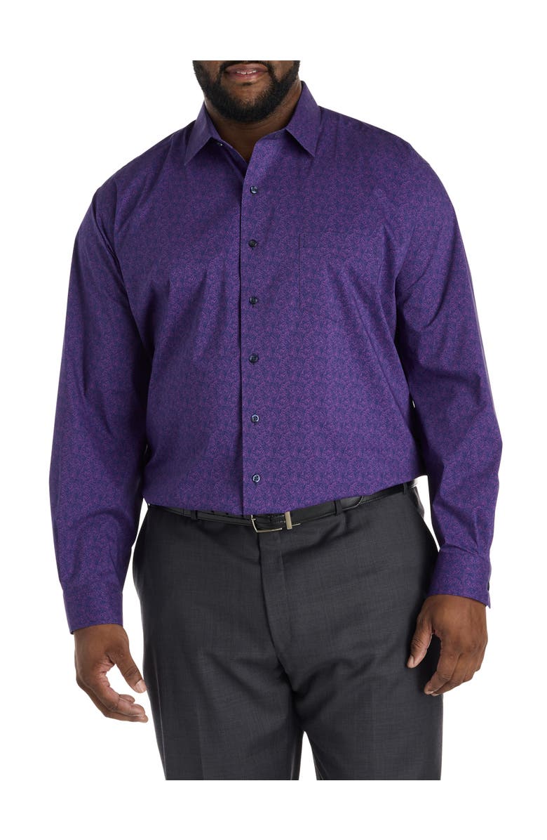 Synrgy by DXL Big & Tall Exploded Leaves Performance Dress Shirt, Main, color, Purple