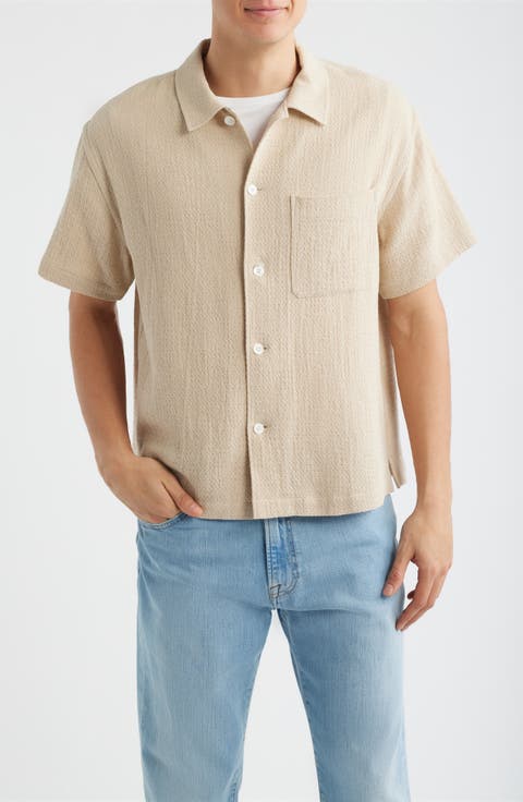 Open Weave Short Sleeve Cotton Blend Button-Up Shirt