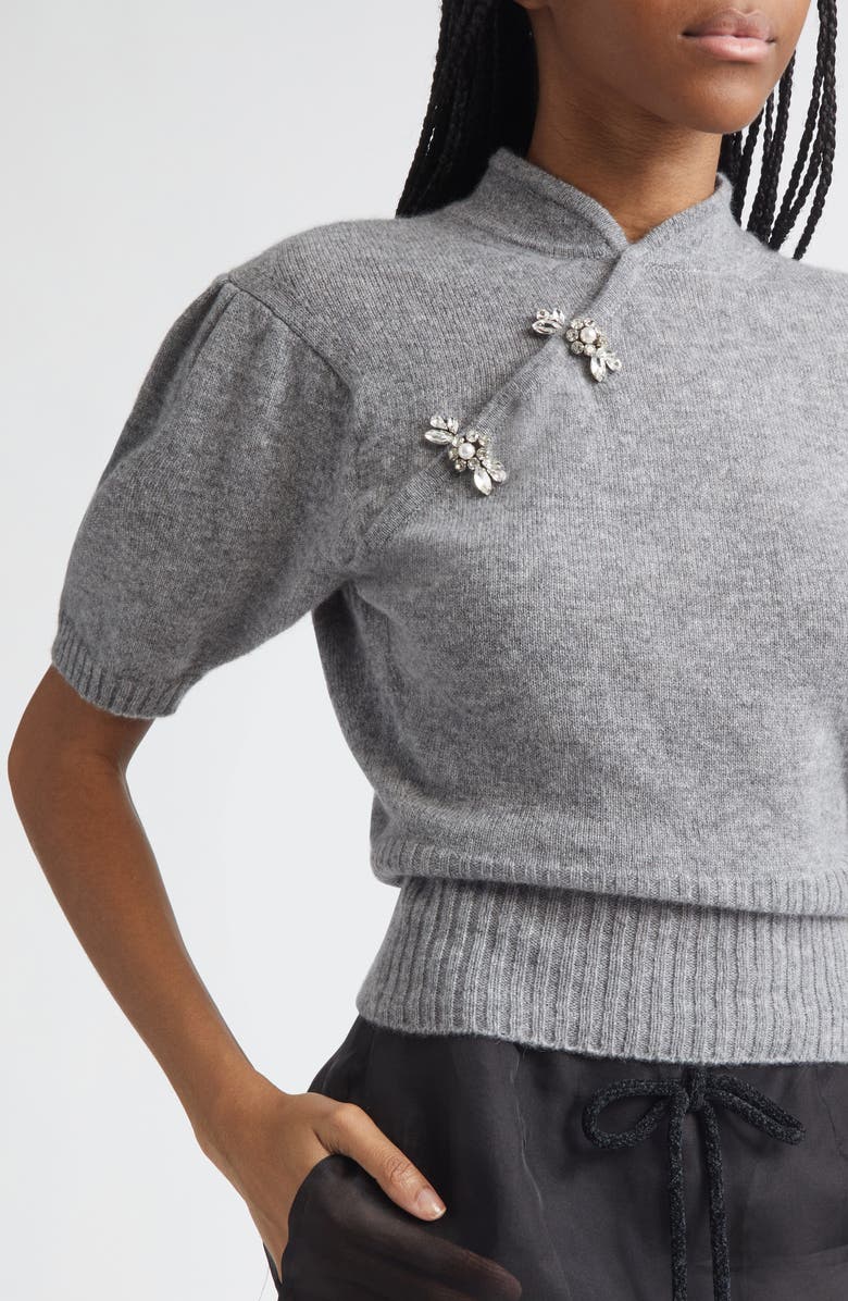 Simone Rocha Jewelled Mandarin Collar Cashmere Sweater, Alternate, color, Grey/ Pearl/ Clear