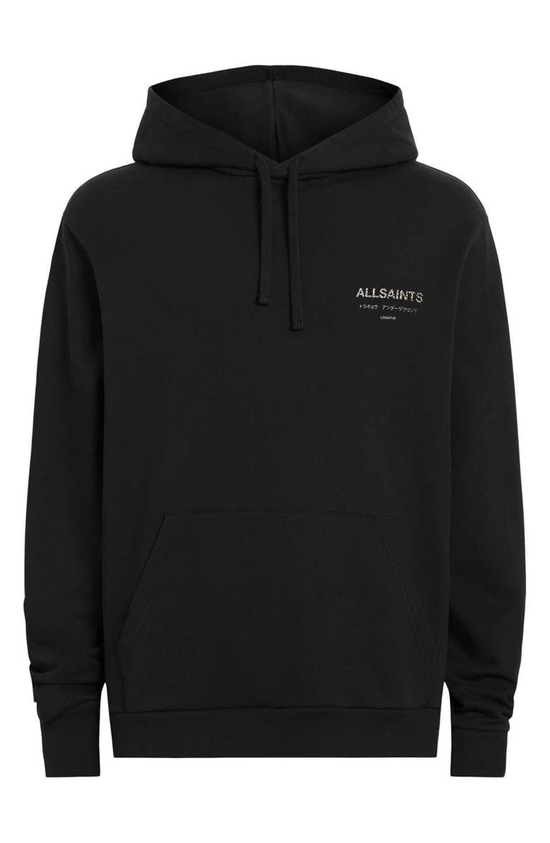 AllSaints Underground Logo Graphic Hoodie, Alternate, color, Jet Black/ Dark Leopard