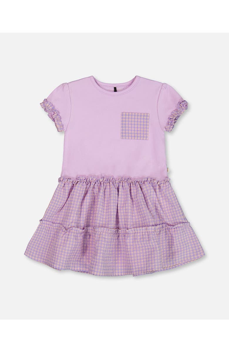 Deux par Deux Little Girl's Bi-Material Dress With Ruffle Gingham Skirt Lilac And White, Main, color, Lilac And White