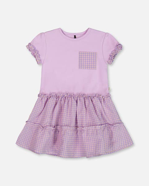 Baby Girl's Bi-Material Dress With Ruffle Gingham Skirt Lilac And White