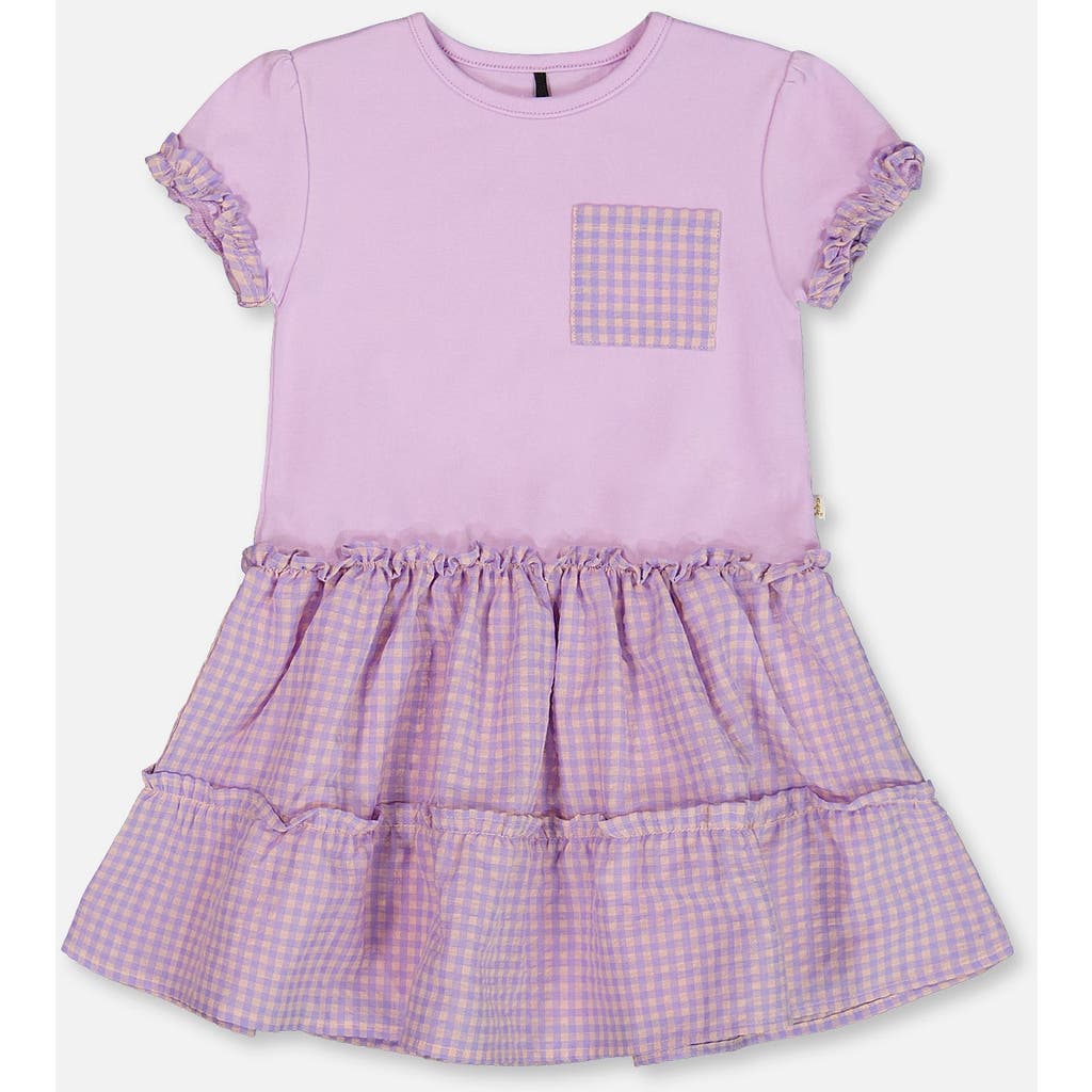 Deux Par Deux Girls' Bi-material Dress With Ruffle Gingham Skirt - Big Kid In Lilac And White
