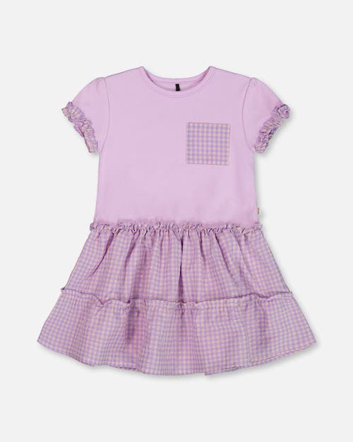 Deux Par Deux Little Girl's Bi-material Dress With Ruffle Gingham Skirt Lilac And White In Lilac And White