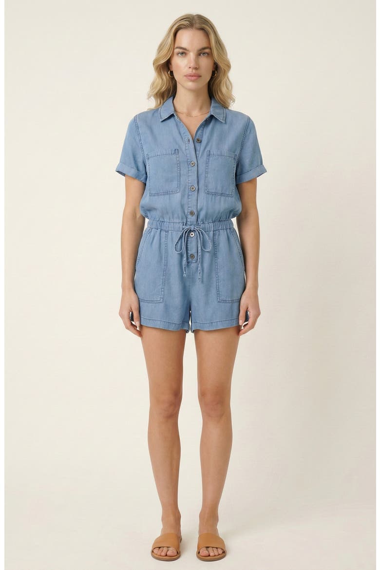 Utility Button-Up Denim Romper with Pockets and Drawstring Waist, Alternate, color, Denim Blue