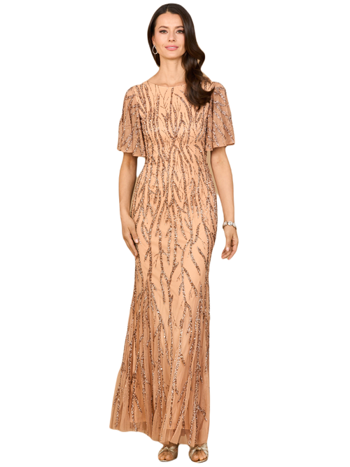 Lara New York Beaded Gown With Flutter Sleeves In Pink