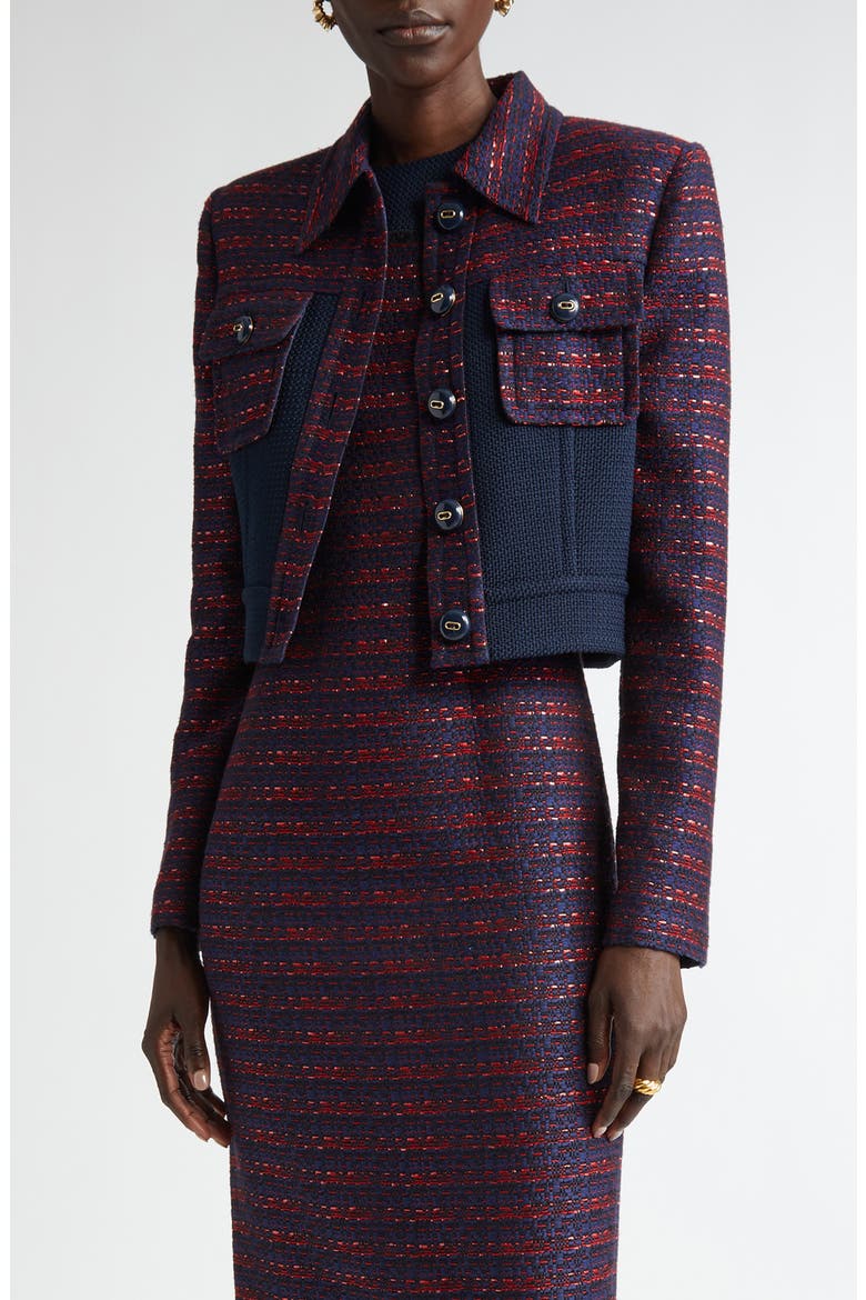 Colorblock Tweed Crop Jacket, Main, color, MIDNIGHT/ GERANIUM MULTI
